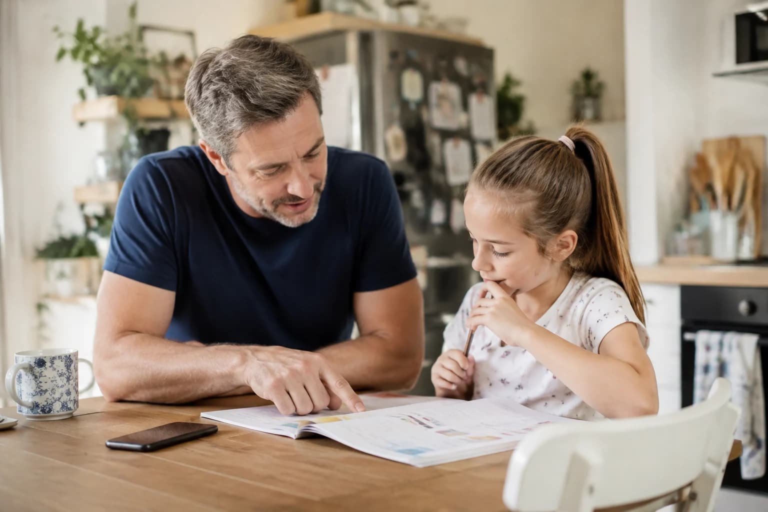 A father sharing a learning book with his young daughter