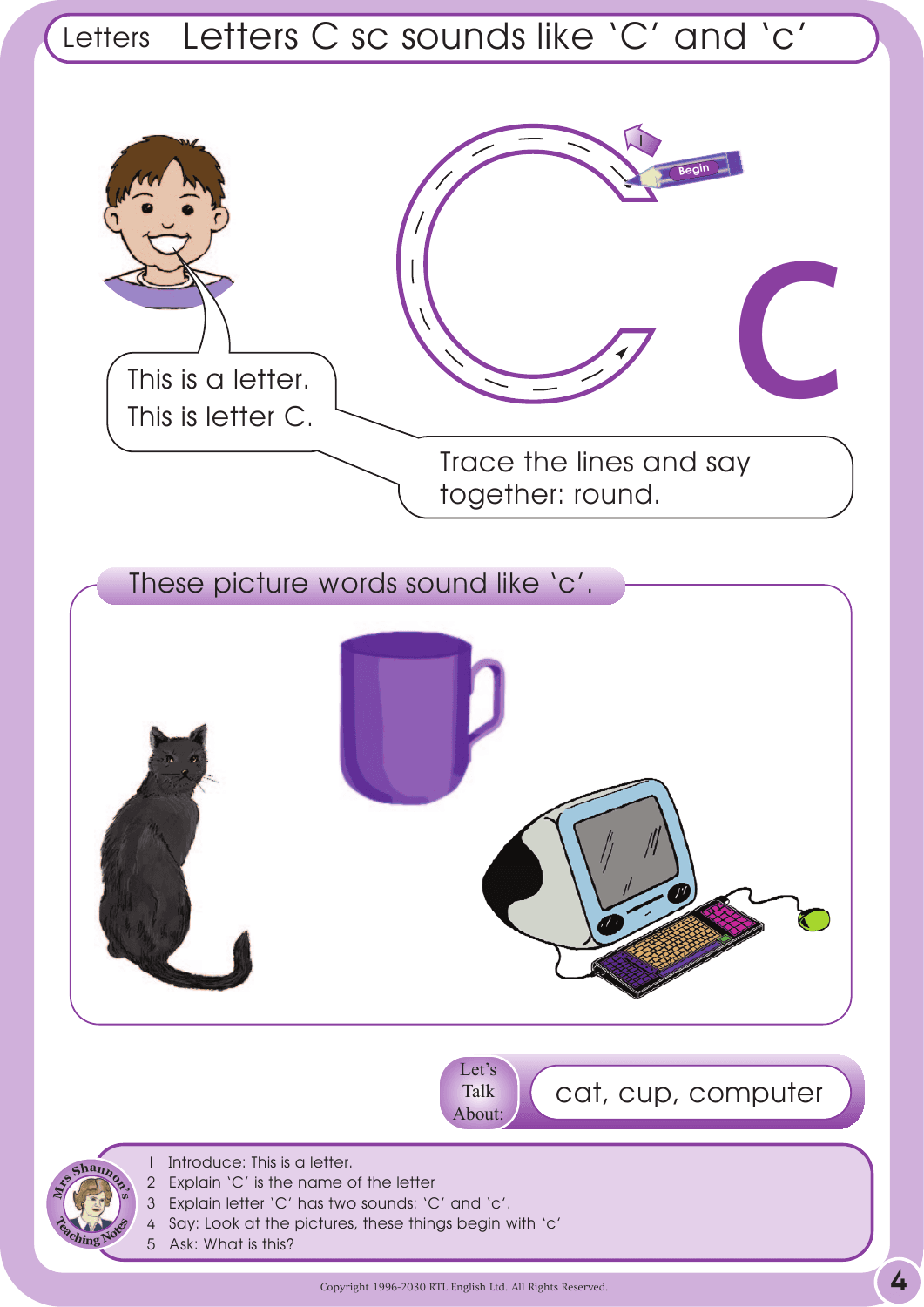 English workbook letter C and teaching instructions