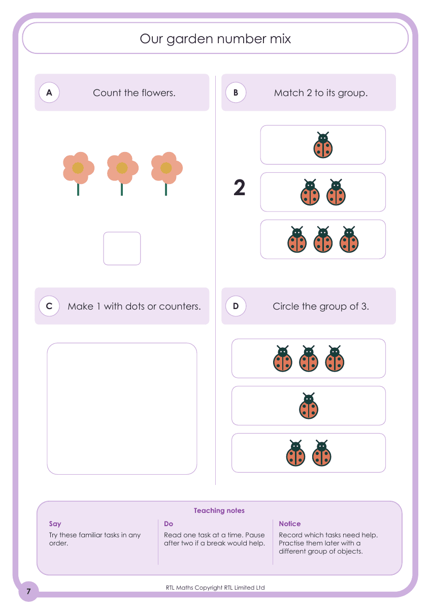 RTL Maths garden number activity page