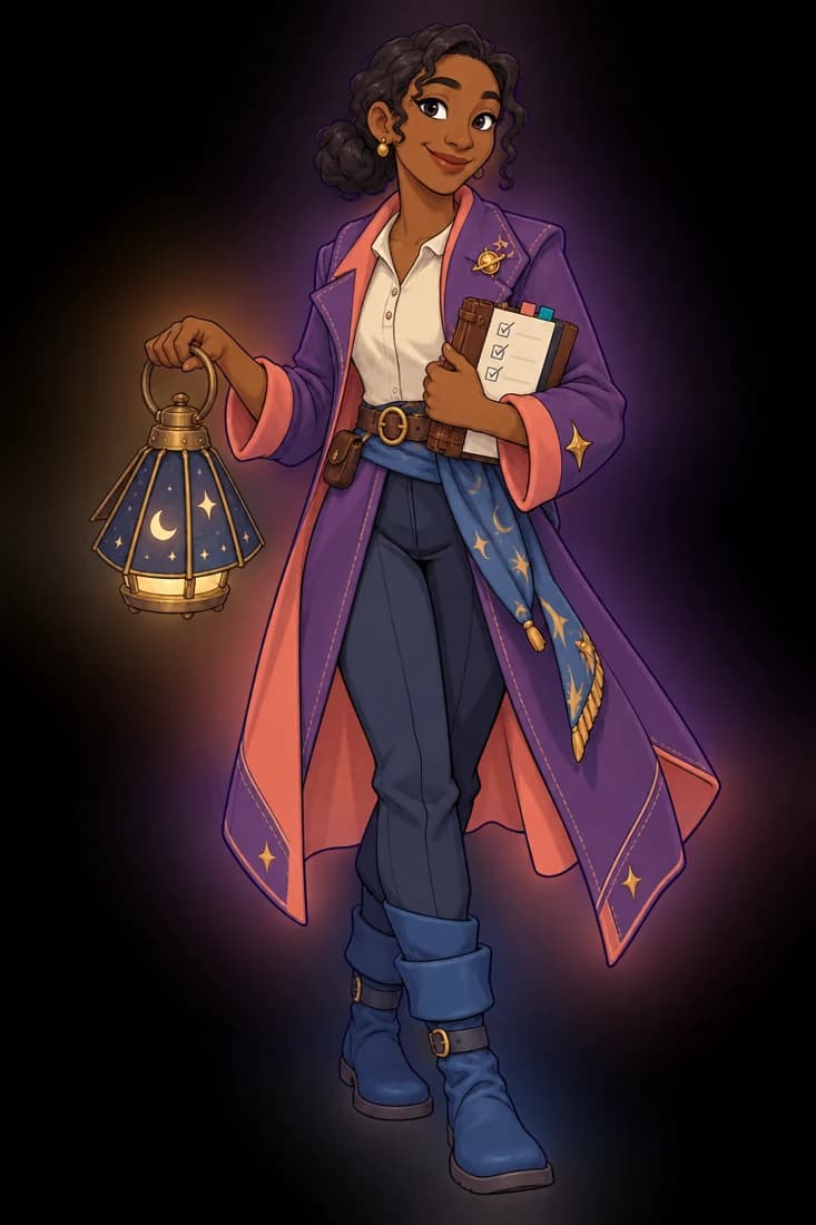 Mira carrying a lantern and field notes